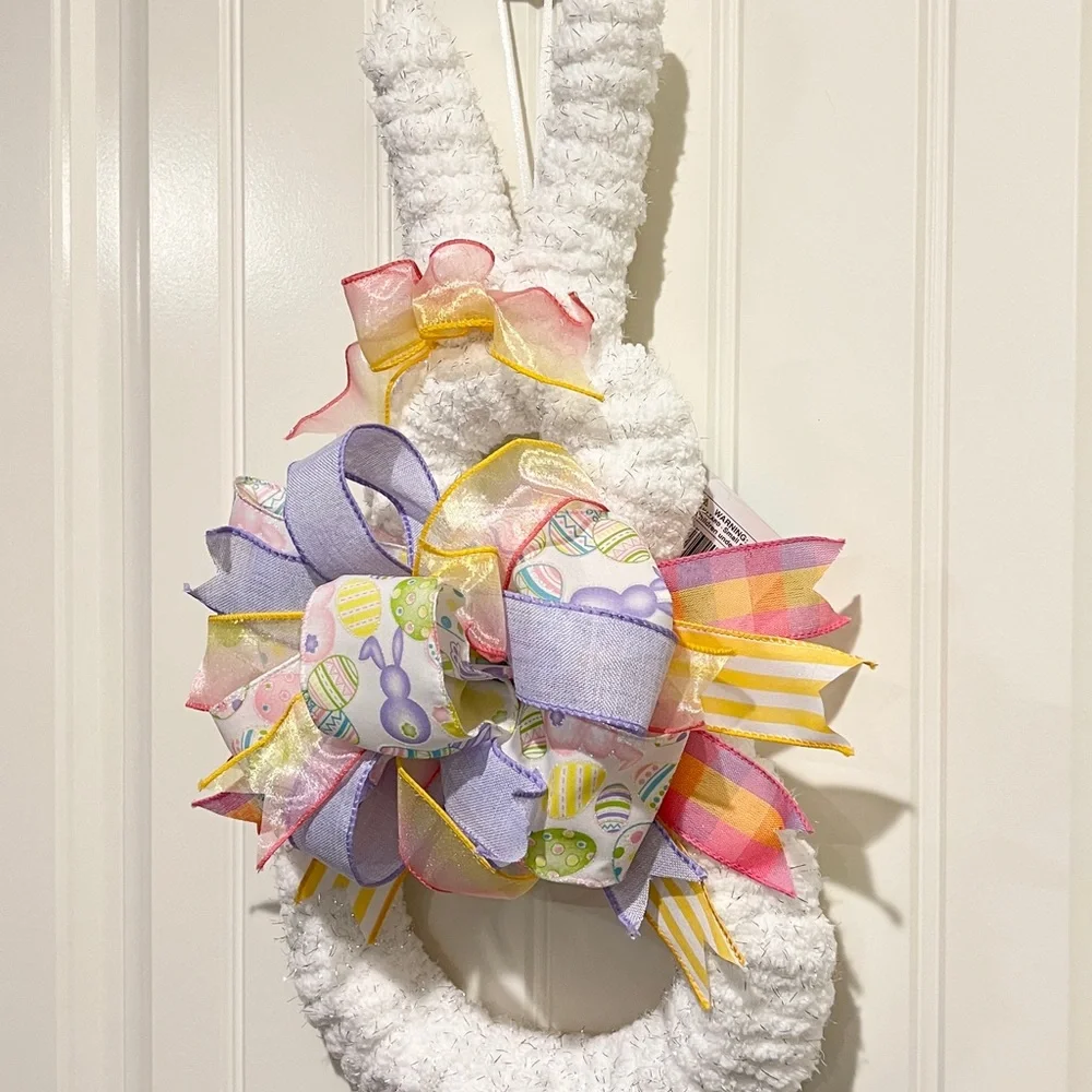 White Fluffy Yarn & Ribbon Bunny Wreath for Easter 19”L #3